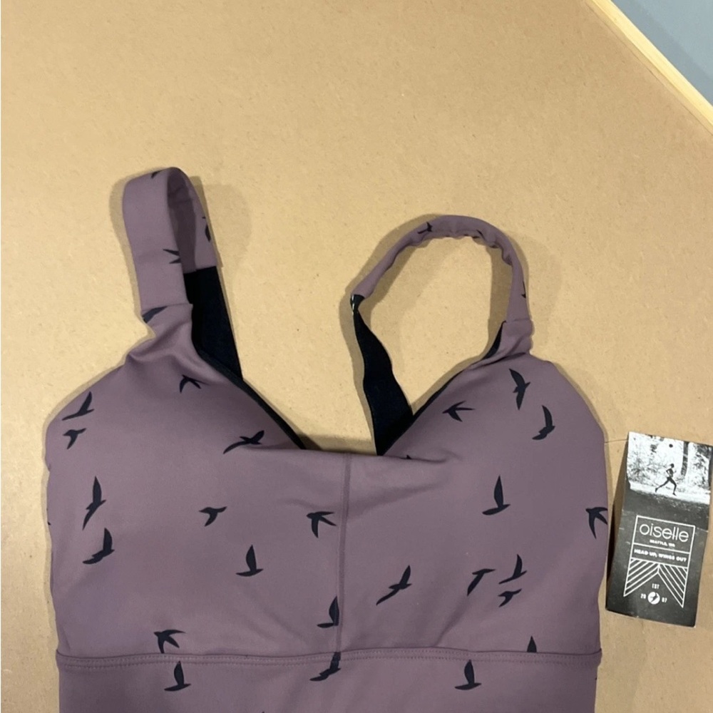 NWT Oiselle 32DD Sports Queen Bra Womens Purple Aura With Flying Birds NEW $78